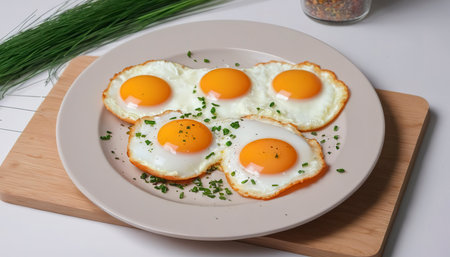 Breakfast. fried eggs from three eggs are sprinkled with grass on a light plateの素材