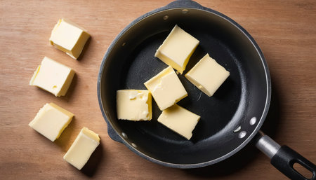 Butter. Pieces of butter in the hot pan top viewの素材
