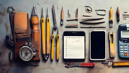 Stylish arrangment of old grungy working tools with smartphone, calculator, glasses and notepadの素材
