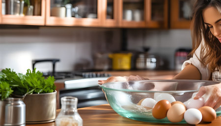 Woman beating eggs in a glass bowl. Young woman cooking in the kitchenの素材