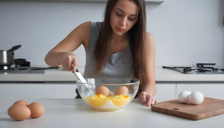 Woman beating eggs in a glass bowl. Young woman cooking in the kitchenの素材