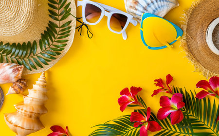 Beach accessories For the traveler on the yellow backgroundの素材