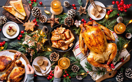 Baked turkey or chicken. The Christmas table is served with a turkey, decorated with bright tinsel and candlesの素材