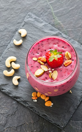 Berry smoothie with strawberries and cashew nutsの素材