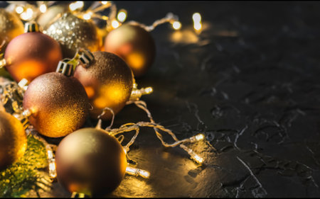 Christmas decoration balls on abstract bokeh black background with copy space and decorative LED lightsの素材
