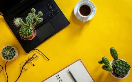 Conceptual workspace, Laptop computer and coffee cup, note book with Camera and Cactus treeの素材