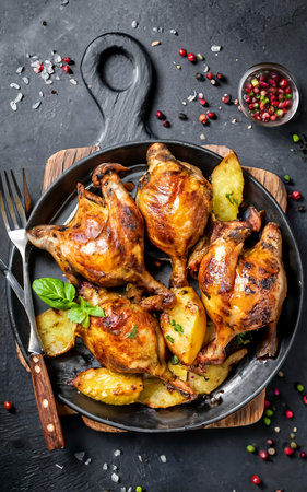 Delicious roasted quails with herbs in a plate with fried potato. Black backgroundの素材