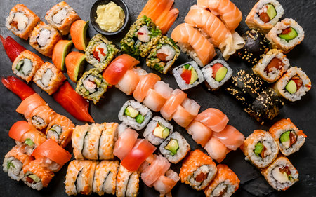 Set of Asian food. Sushi, rolls on a black backgroundの素材