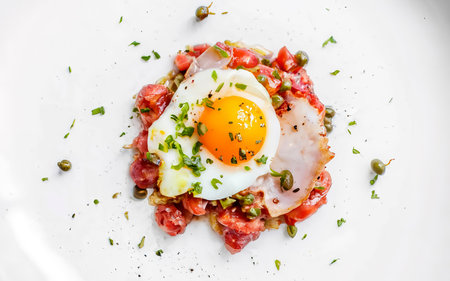 Tartar beef with a quail egg, capers and Parmesan cheese. Isolated on white backgroundの素材