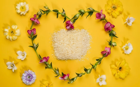 Top view concept of pastel yellow background, Colorful flowers that are arranged in a heart shapeの素材
