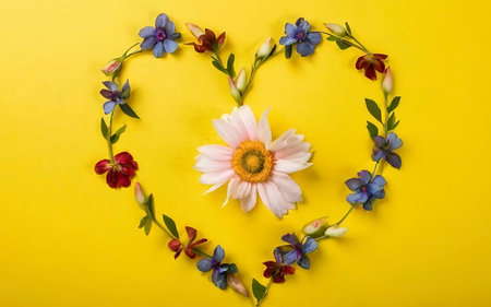 Top view concept of pastel yellow background, Colorful flowers that are arranged in a heart shapeの素材