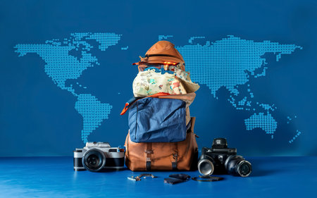 Tourist planning vacation with the help of world map with other travel accessories aroundの素材