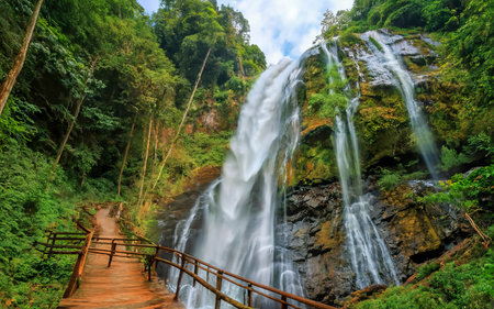 Travel the highest waterfall in Chiangmai Mae-pan waterfall rainy season forest at Doi intanonの素材
