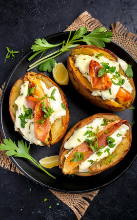 Turkish Kumpir, baked potatoes stuffed with cheese, bacon, salty cucumber, herbs and butterの素材