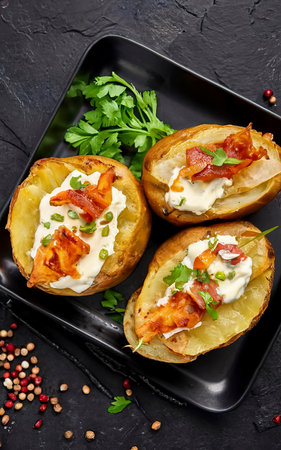 Turkish Kumpir, baked potatoes stuffed with cheese, bacon, salty cucumber, herbs and butterの素材