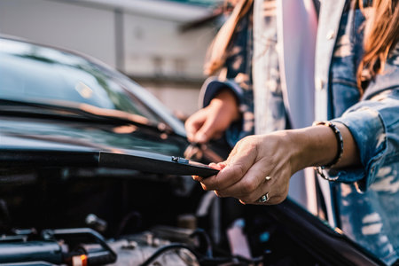Woman looking at her car to solve a problemの素材