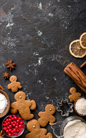 Ingredients for making gingerbread for the new year. Layout of products. Gingerbread man on the kitchen tableの素材