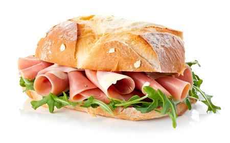 Jamon Ham Sandwich on ciabatta bread with arugula and camembert brie cheeseの素材