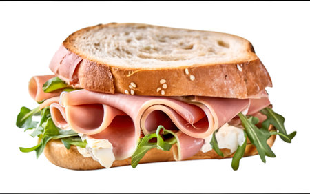 Jamon Ham Sandwich on ciabatta bread with arugula and camembert brie cheeseの素材