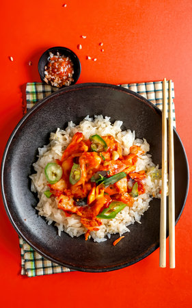 Kimchi with pork on cooked rice, traditional Korean cuisine. Orange backgroundの素材