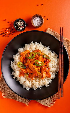 Kimchi with pork on cooked rice, traditional Korean cuisine. Orange backgroundの素材