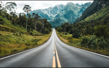 Landscape road paved road. Rural Roadside. View Mountainの素材
