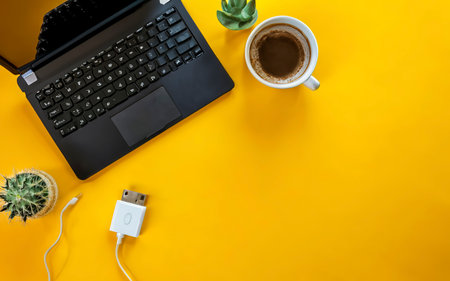 Laptop computer and coffee cup, with Camera and Cactus tree. External hard disk with USB on pastel background yellowの素材