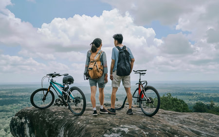 Lover woman and man Travel Nature. Travel relax ride a bike Wilderness in the wildの素材