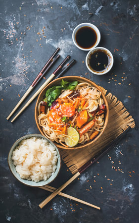 Noodles and rice with teriyaki sauce, soy sauce, wooden steamer and chopsticks over dark texture backroundの素材