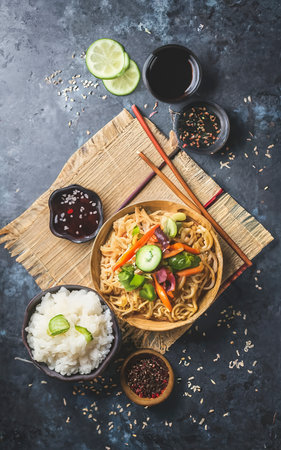 Noodles and rice with teriyaki sauce, soy sauce, wooden steamer and chopsticks over dark texture backroundの素材