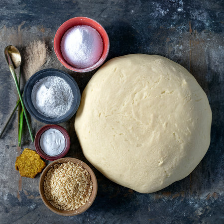 Baking background. Ingredients for the preparation of fresh dough. On rustic backgroundの素材