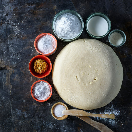 Baking background. Ingredients for the preparation of fresh dough. On rustic backgroundの素材