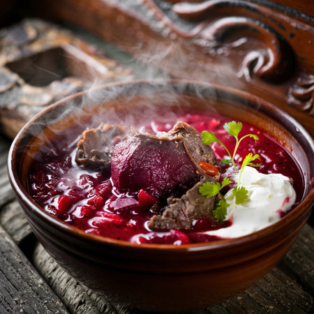 Borsch on the old wooden backgroundの素材