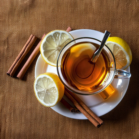 Black tea in glass cup served with fresh lemons, honey and cinnamon sticks over a brown texture backgroundの素材