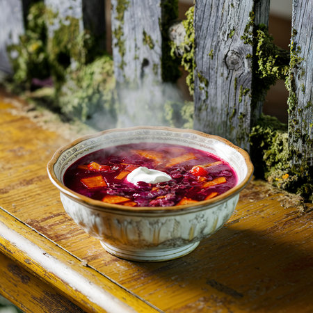 Borsch on the old wooden backgroundの素材