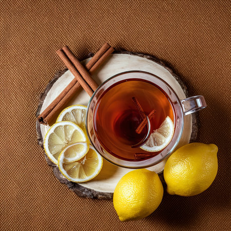 Black tea in glass cup served with fresh lemons, honey and cinnamon sticks over a brown texture backgroundの素材