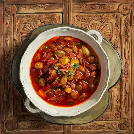Borsch on the old wooden backgroundの素材