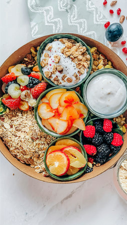 Box with products for healthy breakfast. Muesli, oatmeal, dried fruit, fresh berries and nuts.の素材