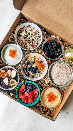 Box with products for healthy breakfast. Muesli, oatmeal, dried fruit, fresh berries and nuts.の素材