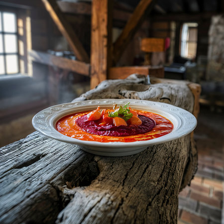 Borsch on the old wooden backgroundの素材