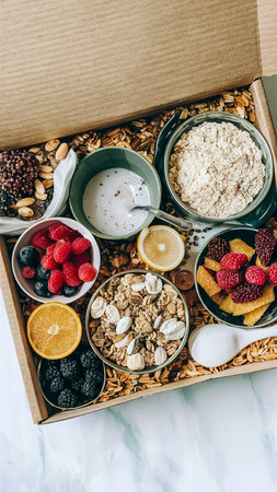 Box with products for healthy breakfast. Muesli, oatmeal, dried fruit, fresh berries and nuts.の素材