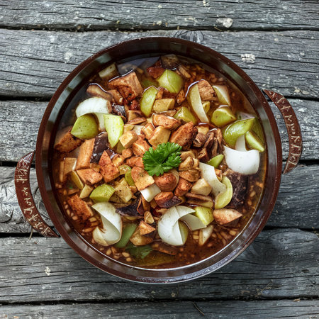 Borsch on the old wooden backgroundの素材