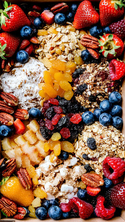Box with products for healthy breakfast. Muesli, oatmeal, dried fruit, fresh berries and nuts.の素材