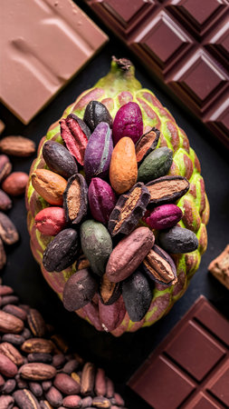 Cacao fruit decorated with fresh and dry cacao beans and cacao products cacao butter and chocolateの素材