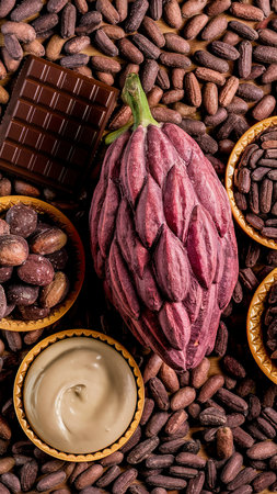 Cacao fruit decorated with fresh and dry cacao beans and cacao products cacao butter and chocolateの素材