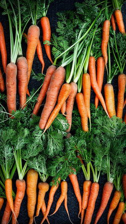 Bunch of fresh organic carrots with green leaves over dark texture backgroundの素材