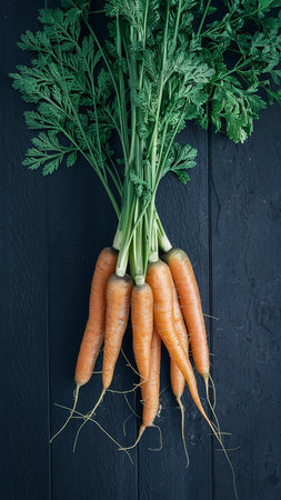 Bunch of fresh organic carrots with green leaves over dark texture backgroundの素材