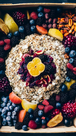 Box with products for healthy breakfast. Muesli, oatmeal, dried fruit, fresh berries and nuts.の素材