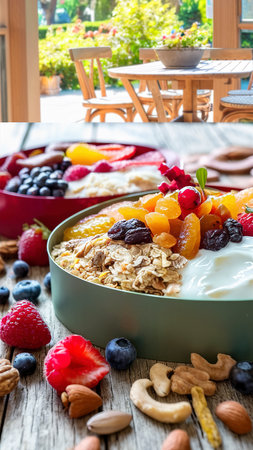 Box with products for healthy breakfast. Muesli, oatmeal, dried fruit, fresh berries and nuts.の素材