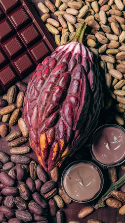 Cacao fruit decorated with fresh and dry cacao beans and cacao products cacao butter and chocolateの素材